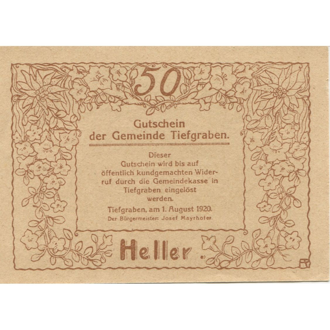Biljet, Oostenrijk, Tiefgraben, 50 Heller, paysage 1920-09-15, SPL Mehl:FS 1071