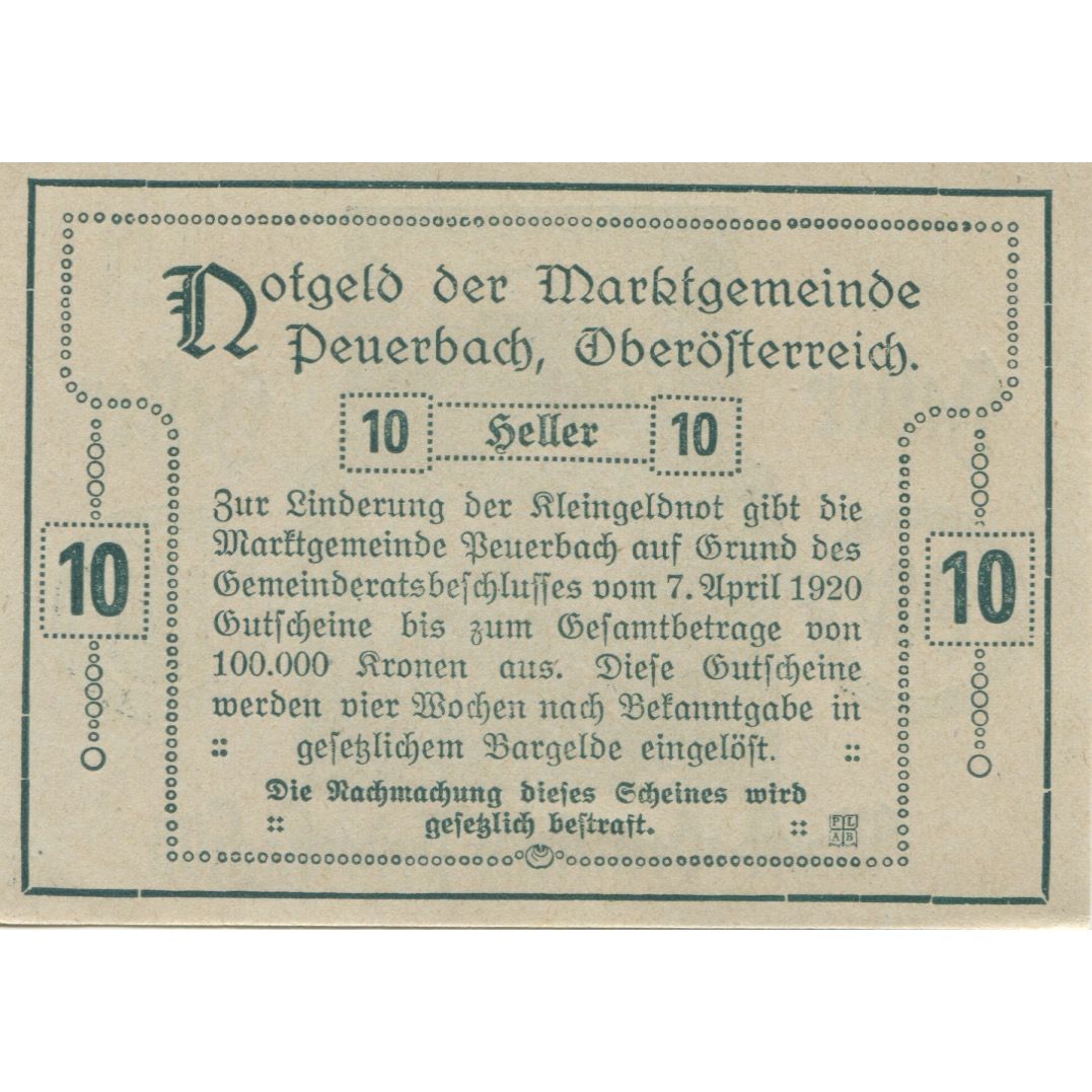 Banknote, Austria, Peuerbach, 10 Heller, rue, 1920 UNC(63), Mehl:FS 741IIa