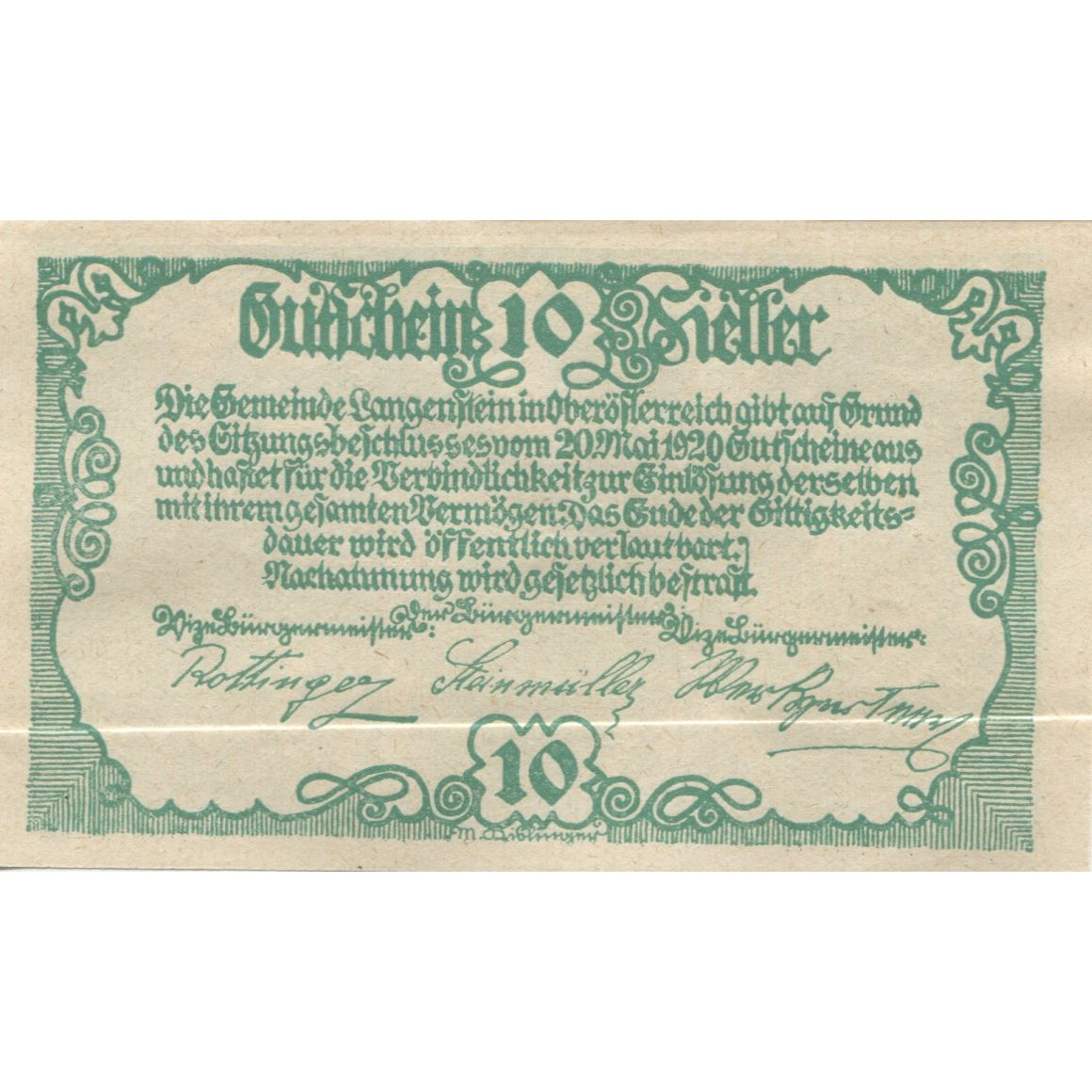 Banknote, Austria, Langenstein, 10 Heller, château, 1920, UNC(63), Mehl:FS 502a