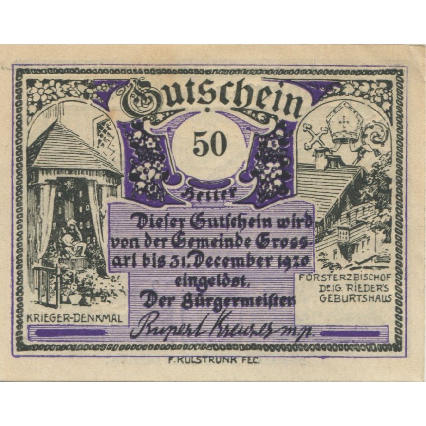 Billete, Austria, Grossarl, 50 Heller, montagne 1920-12-31, SC Mehl:FS 292a