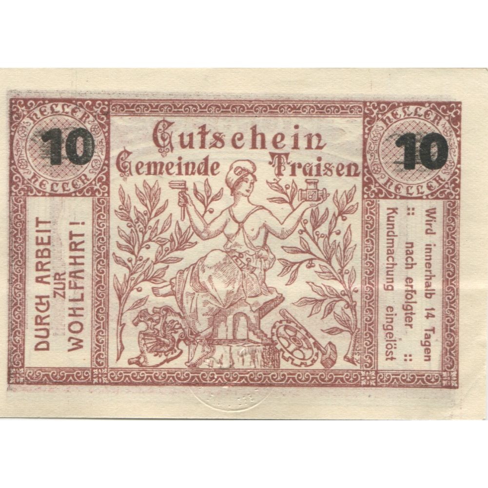 Banknote, Austria, Traisen, 10 Heller, personnage, 1920, UNC(63), Mehl:1076IIb