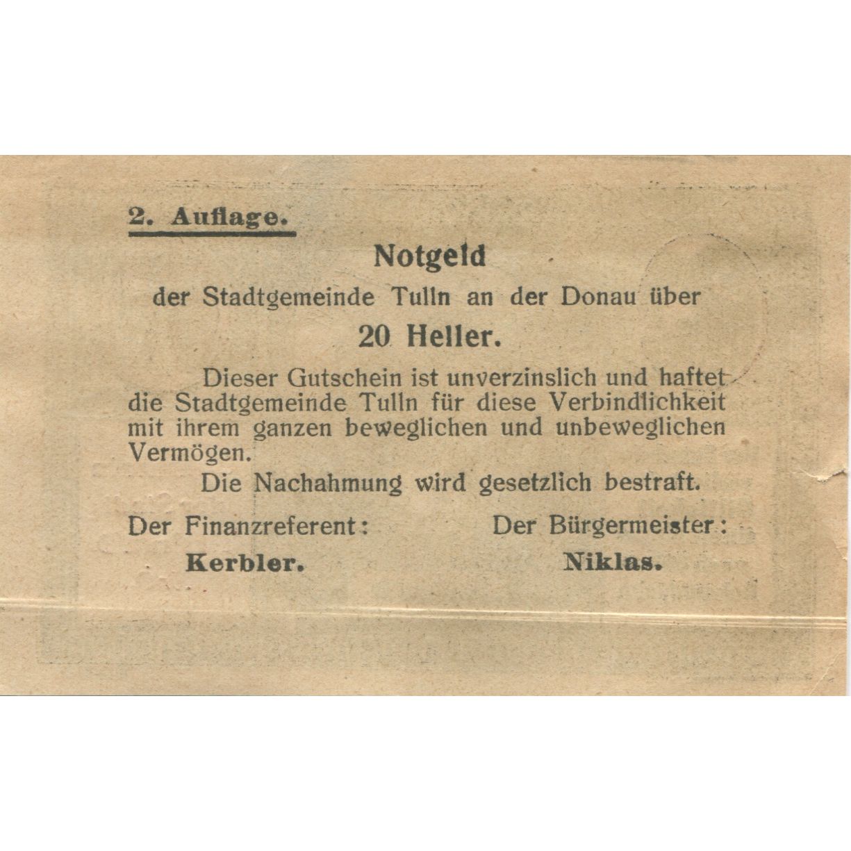Banknote, Austria, Tulln, 20 Heller, ruine, 1920, UNC(63), Mehl:FS 1083IIa
