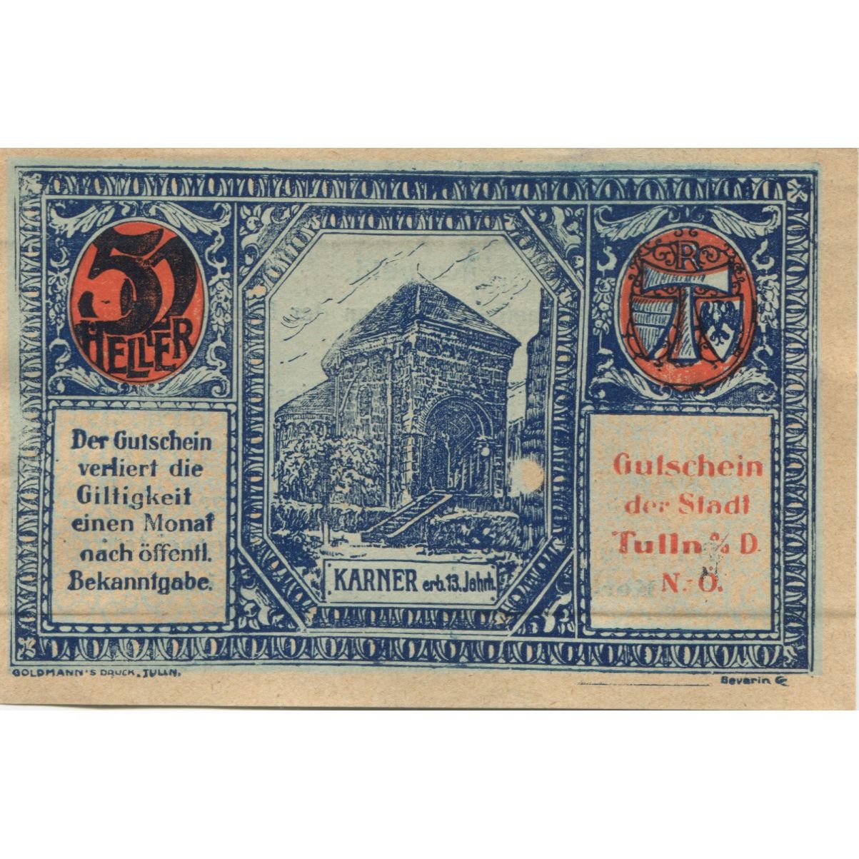 Banknote, Austria, Tulln, 50 Heller, chapelle, 1920, UNC(63), Mehl:FS 1083IIa
