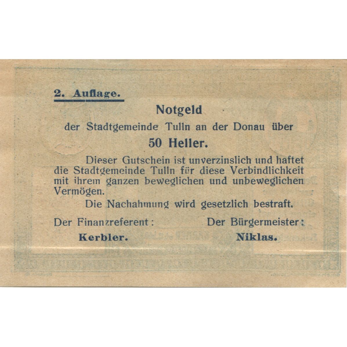 Banknote, Austria, Tulln, 50 Heller, chapelle, 1920, UNC(63), Mehl:FS 1083IIa