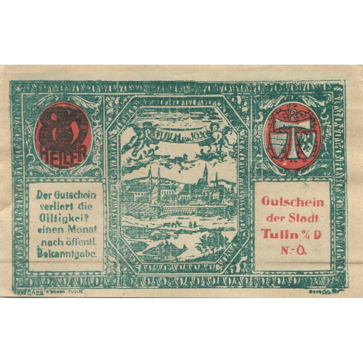 Billet, Autriche, Tulln, 80 Heller, village, 1920, SPL, Mehl:1083IIa