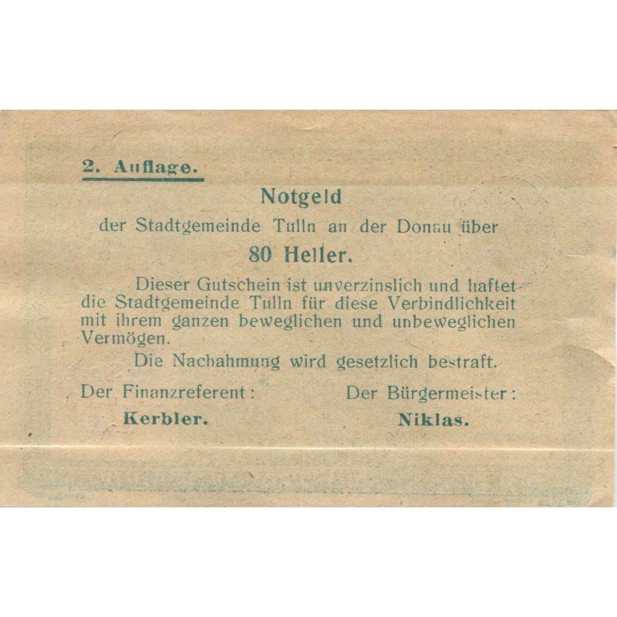 Billet, Autriche, Tulln, 80 Heller, village, 1920, SPL, Mehl:1083IIa