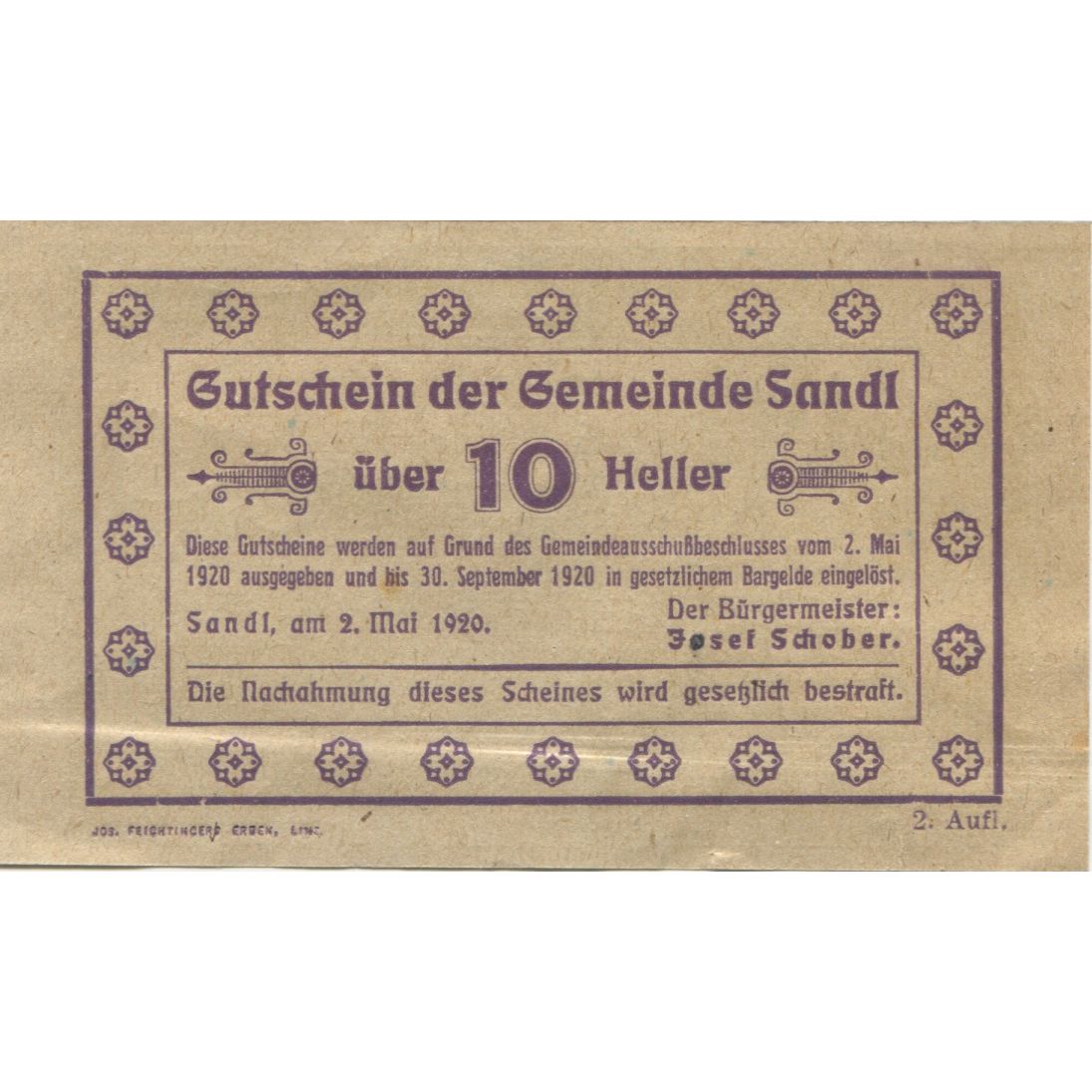 Billet, Autriche, Sandl, 10 Heller, village 1920-09-30, SPL, Mehl:FS 874Ia