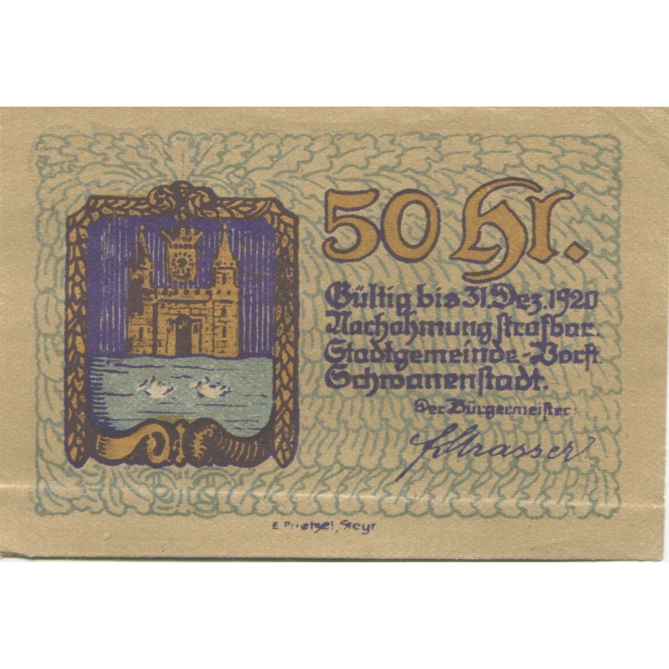 Banknote, Austria, Schwanenstadt, 50 Heller, Blason, 1920 UNC(63) Mehl:FS 977Ia