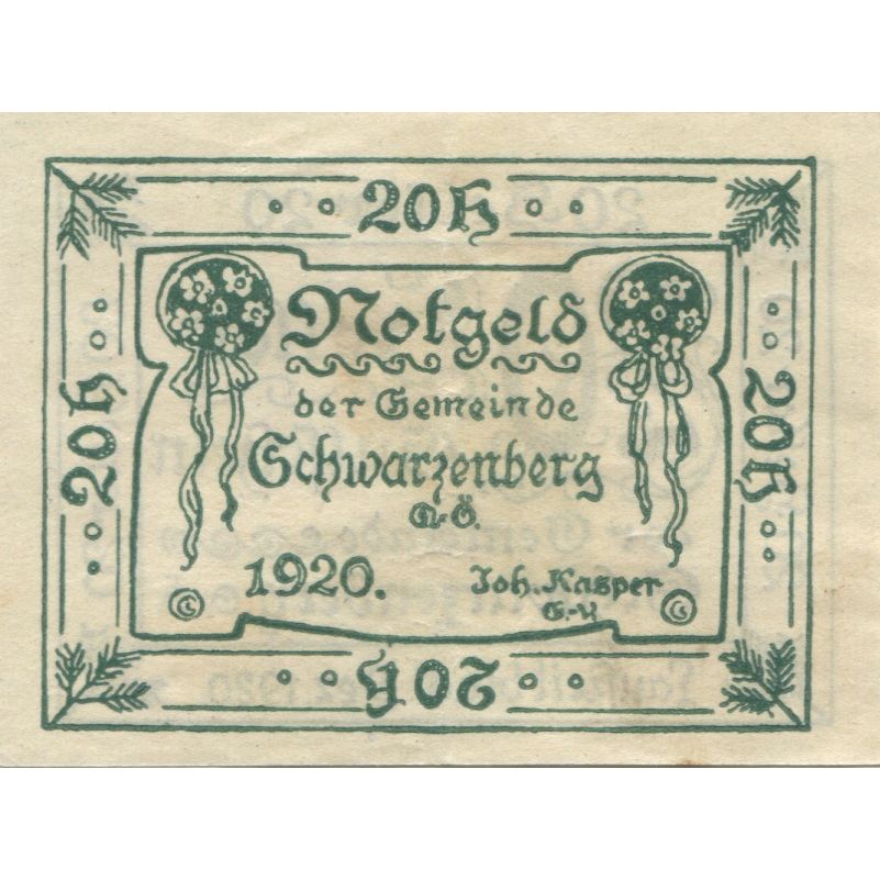 Banknote, Austria, Schwarzenberg, 20 Heller, Texte, 1920 UNC(63) Mehl:FS 1118I