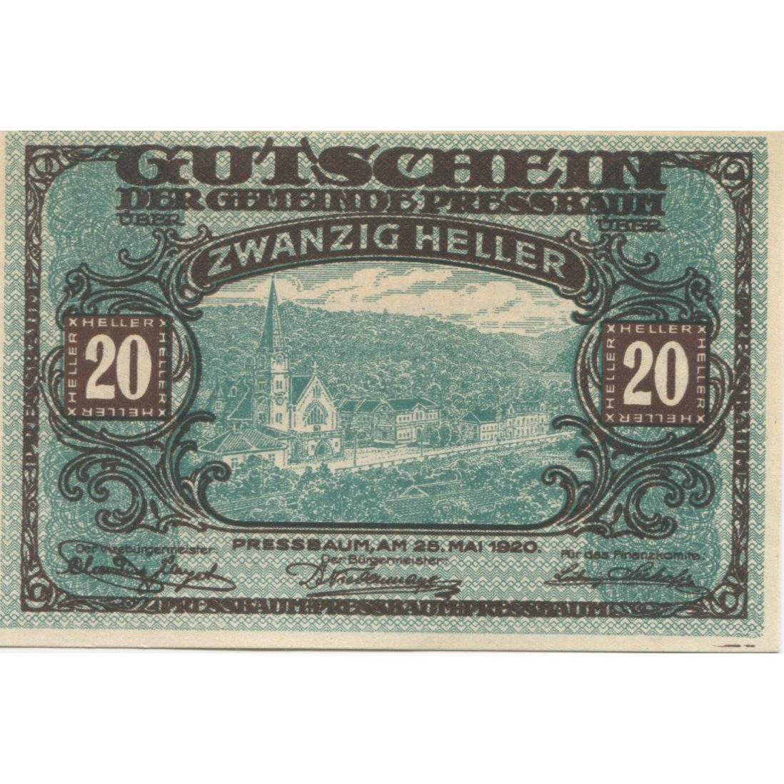 Banknote, Austria, Pressbaum, 20 Heller, village, 1921 UNC(63) Mehl:FS 784a