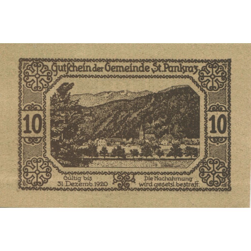 Banknote, Austria, St Pankraz, 10 Heller, paysage, 1920 UNC(63) Mehl:FS 919