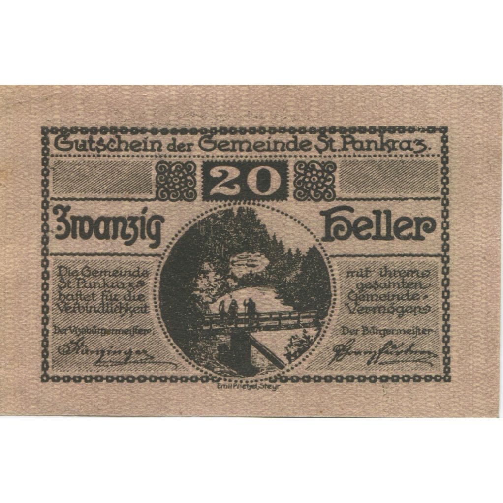 Banknote, Austria, St Pankraz, 20 Heller, pont, 1920 UNC(63) Mehl:FS 919