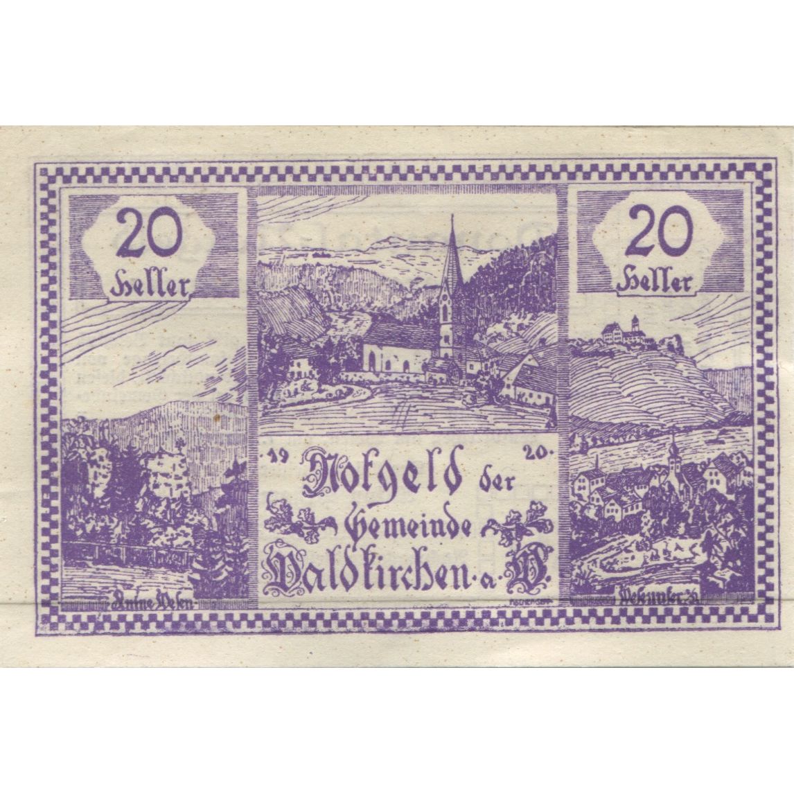 Banknote, Austria, Waldkirchen, 20 Heller, Eglise, 1920, UNC(63) Mehl:FS 1133d