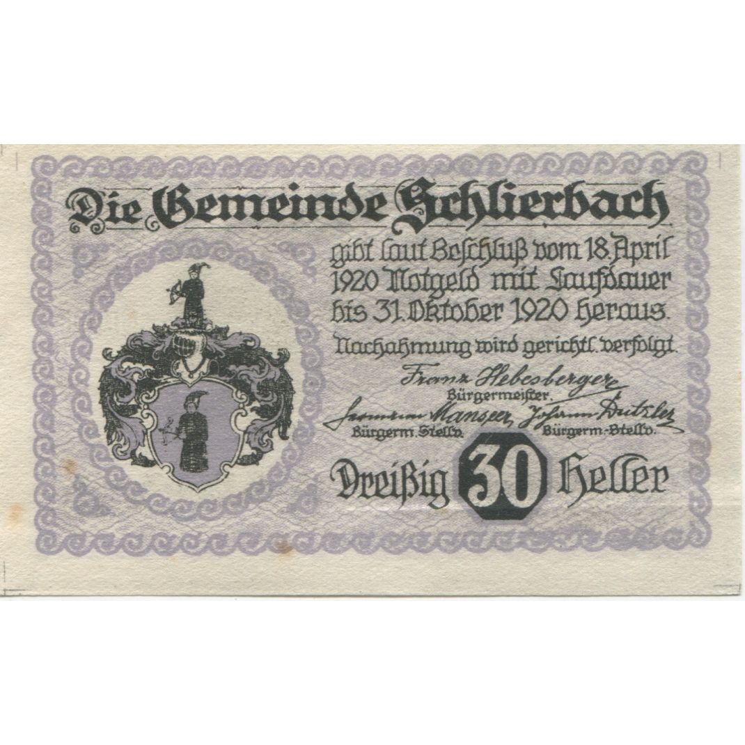 Banknote, Austria, Schlierbach, 30 Heller, château, 1920 UNC(63) Mehl:FS 962IIa
