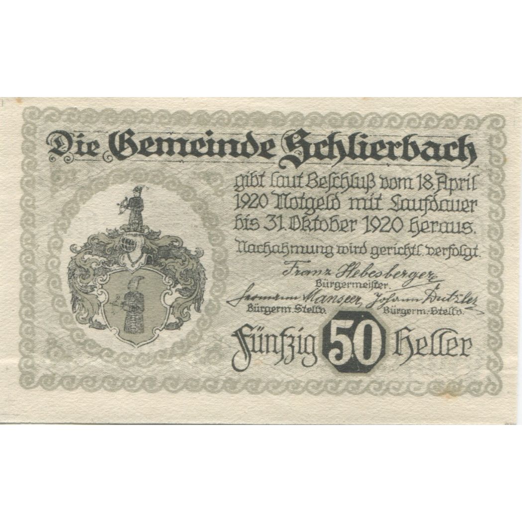 Banknote, Austria, Schlierbach, 50 Heller, Blason, 1920, UNC(63) Mehl:FS 962IIa