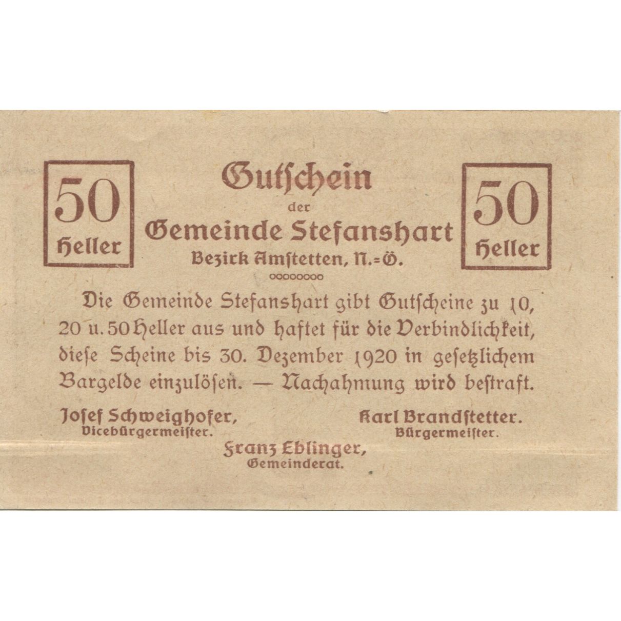 Banknote, Austria, Stefanshart, 50 Heller, village, 1920 UNC(63) Mehl:FS 1013b