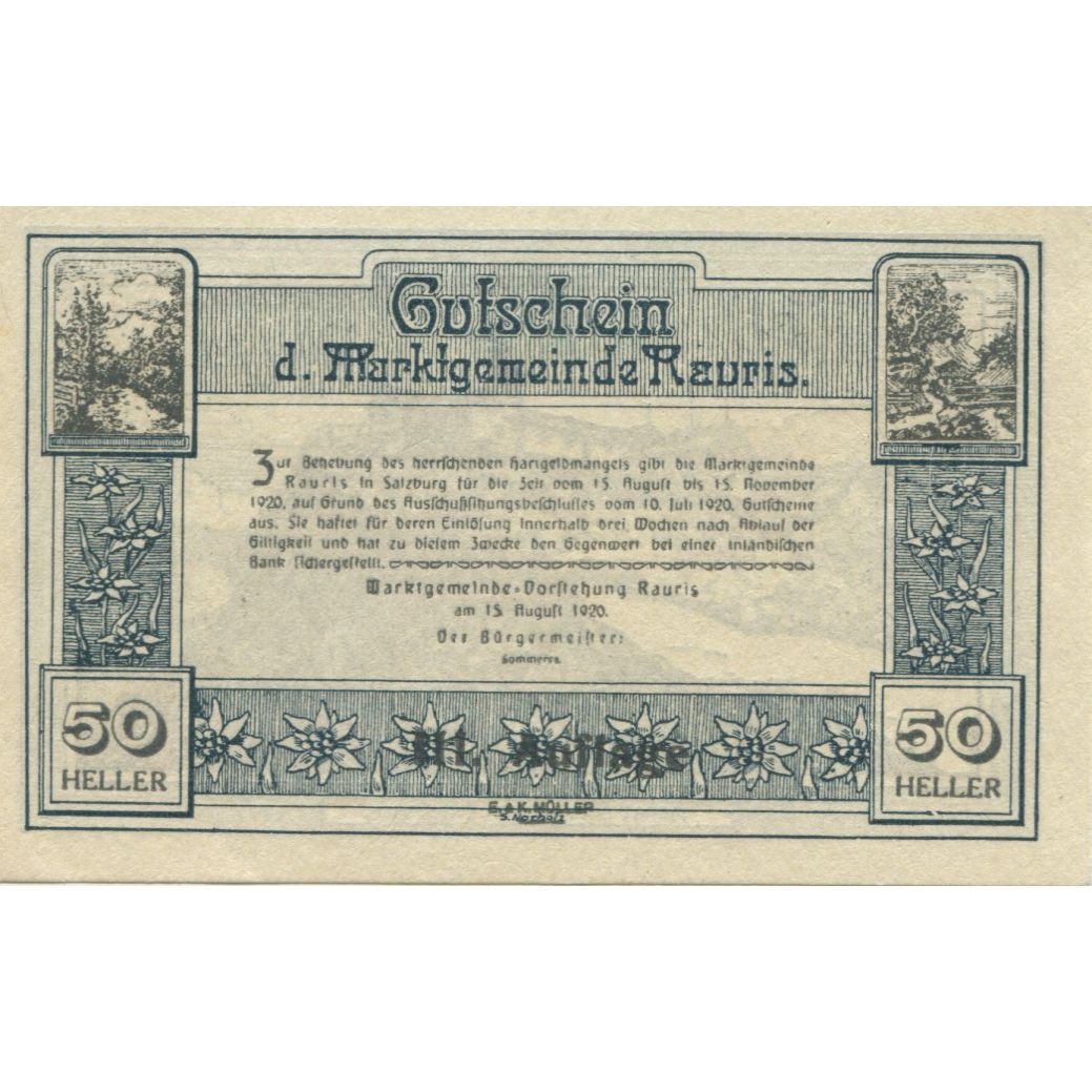 Banknote, Austria, Rauris, 50 Heller, château 1920-11-15, UNC(63) Mehl:FS 823a