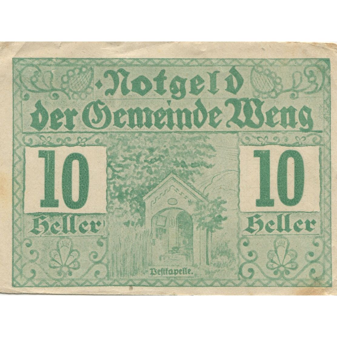 Banknote, Austria, Weng, 10 Heller, Monument, 1920 AU(55-58) Mehl:FS 1171I.1