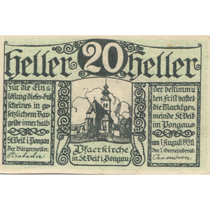 Banknote, Austria, St Veit, 20 Heller, Eglise, 1920 UNC(63) Mehl:FS 945a