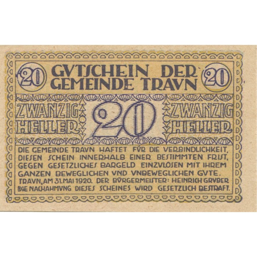 Banknote, Austria, Traun, 20 Heller, Texte 1920-12-31, UNC(63), Mehl:FS 1080