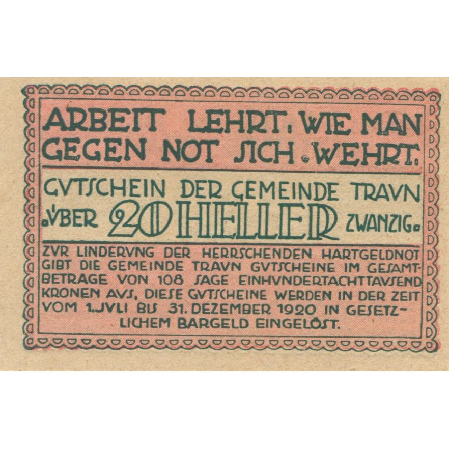 Banknote, Austria, Traun, 20 Heller, Texte 1920-12-31, UNC(63), Mehl:FS 1080