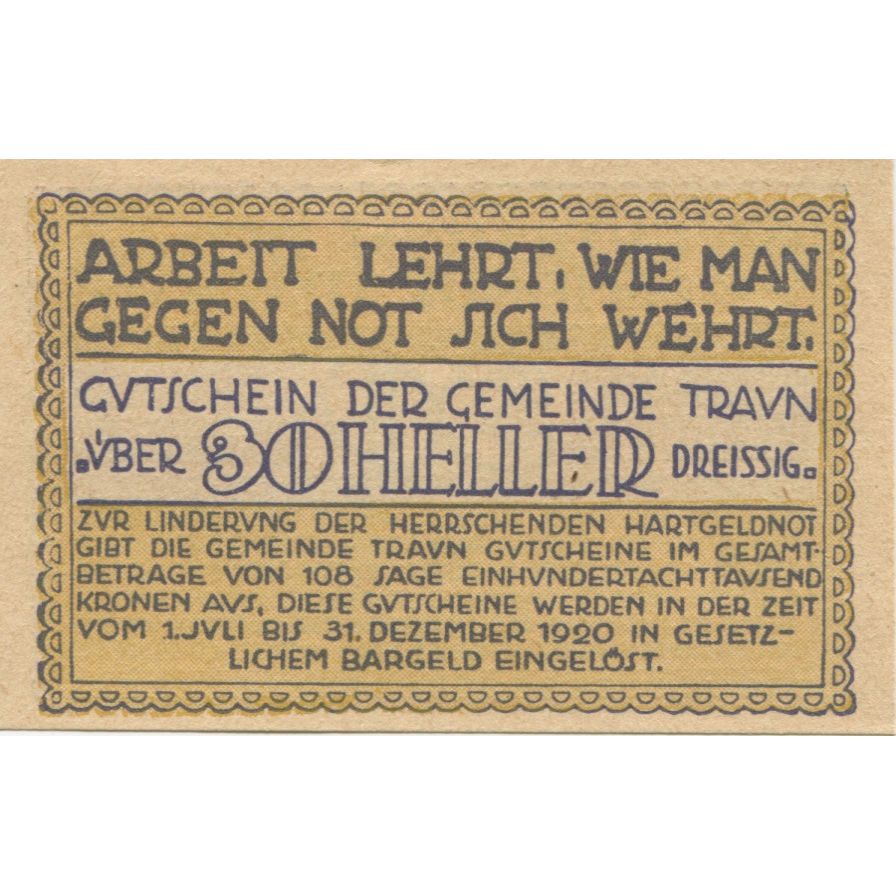 Banknote, Austria, Traun, 30 Heller, Texte 1920-12-31, UNC(63), Mehl:FS 1080