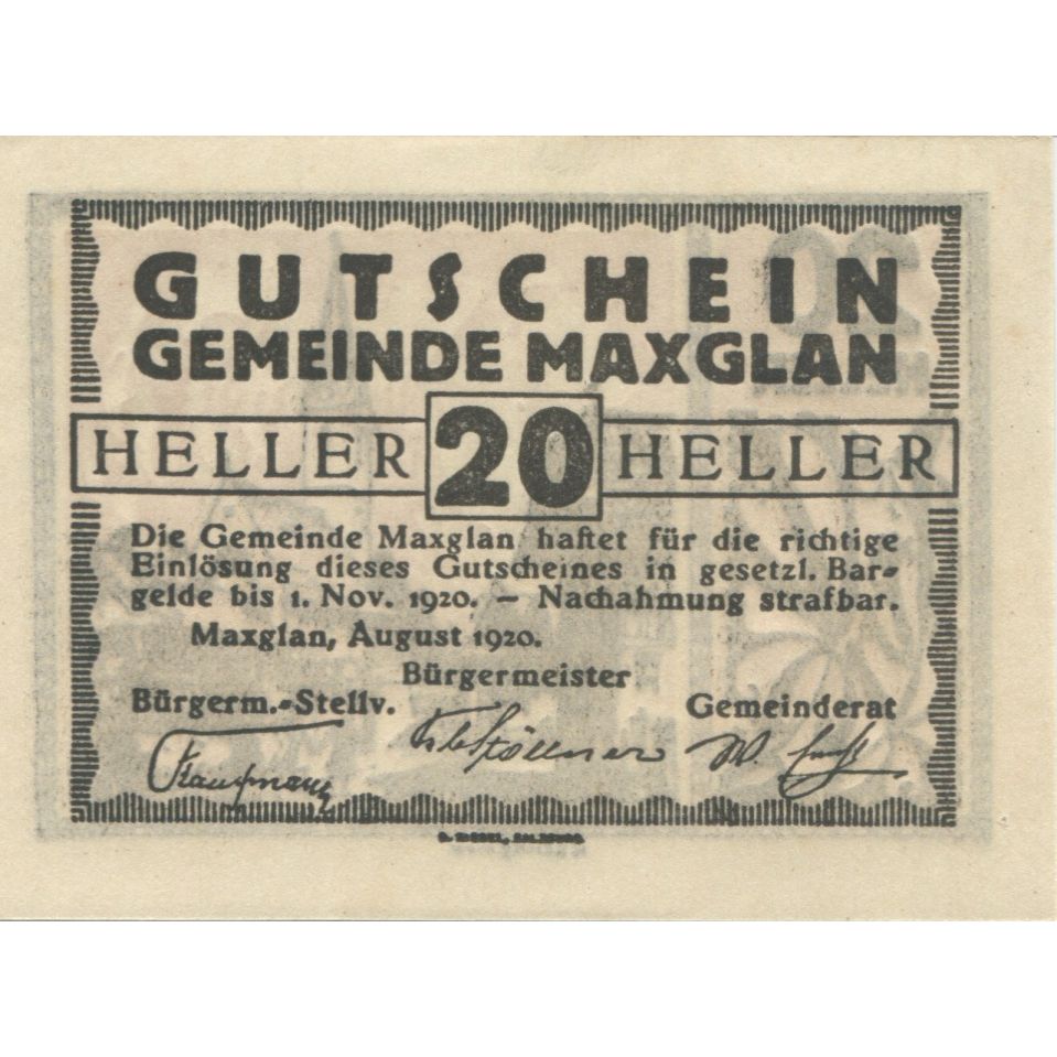 Banknote, Austria, Maxglan, 20 Heller, village 1920-11-01, UNC(63) Mehl:FS 602a