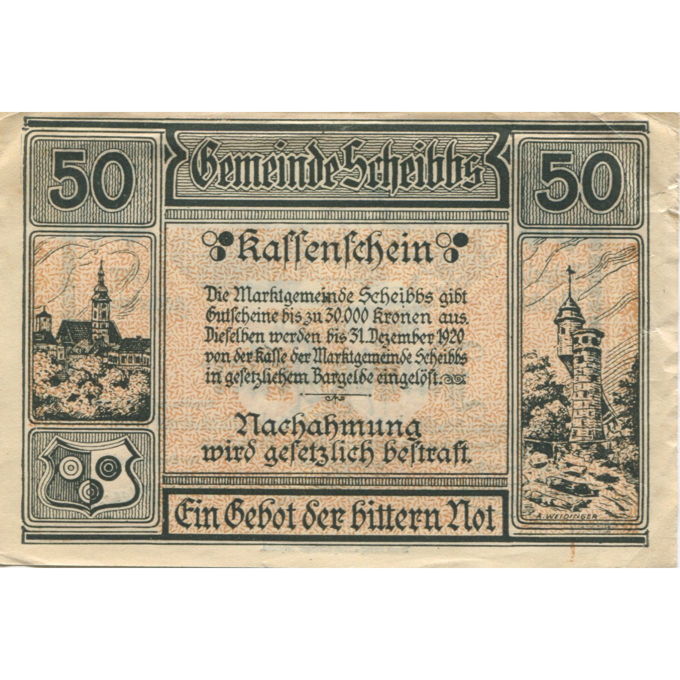Banknote, Austria, Scheibbs, 50 Heller, village, 1920 EF(40-45) Mehl:FS 957IIb