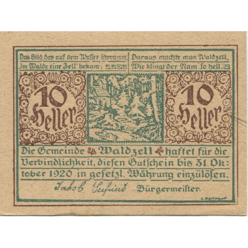 Banknote, Austria, Waldzell, 10 Heller, Forêt, 1920 UNC(63) Mehl:FS 1135a
