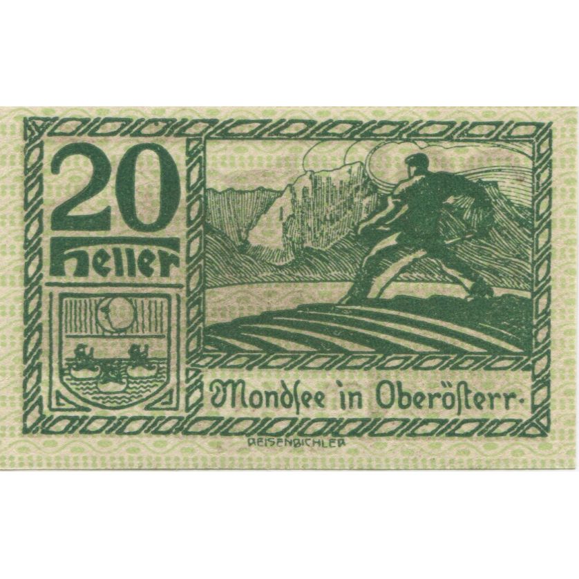 Banknote, Austria, Mondsee, 20 Heller, montagne, 1920 UNC(63) Mehl:FS 626