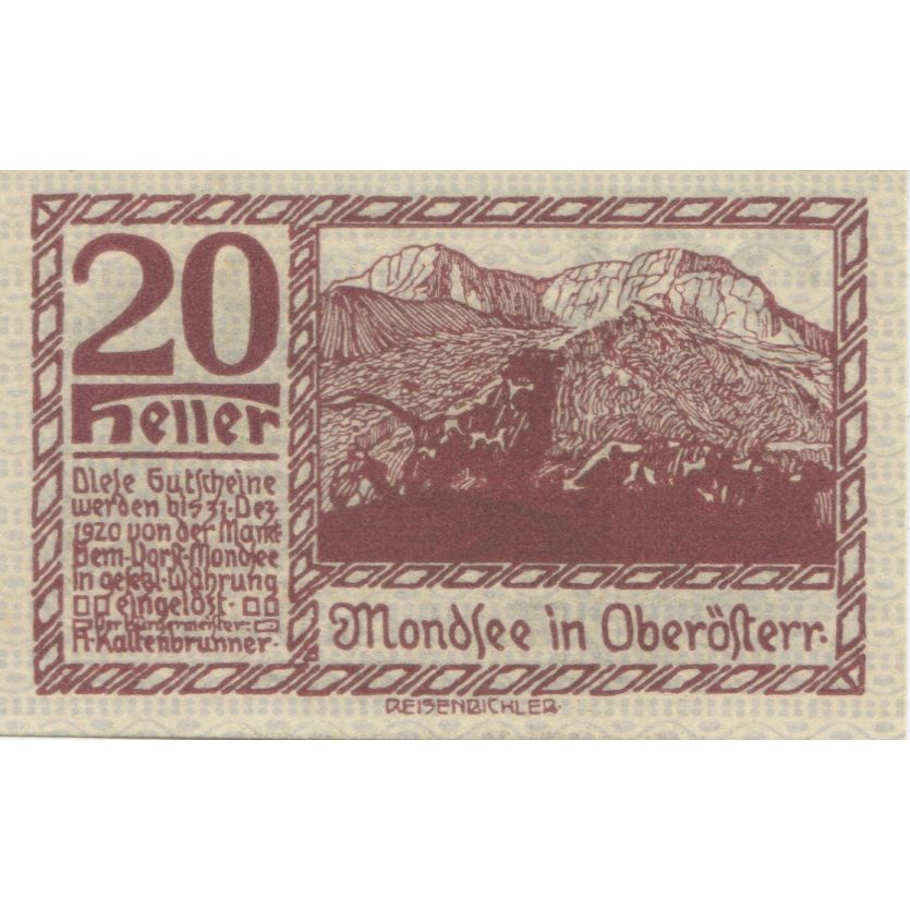 Banknote, Austria, Mondsee, 20 Heller, montagne, 1920 UNC(63) Mehl:FS 626