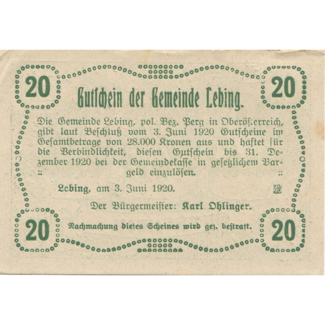 Banknote, Austria, Lebing, 20 Heller, Forêt 1920-10-31, AU(55-58) Mehl:FS 508a