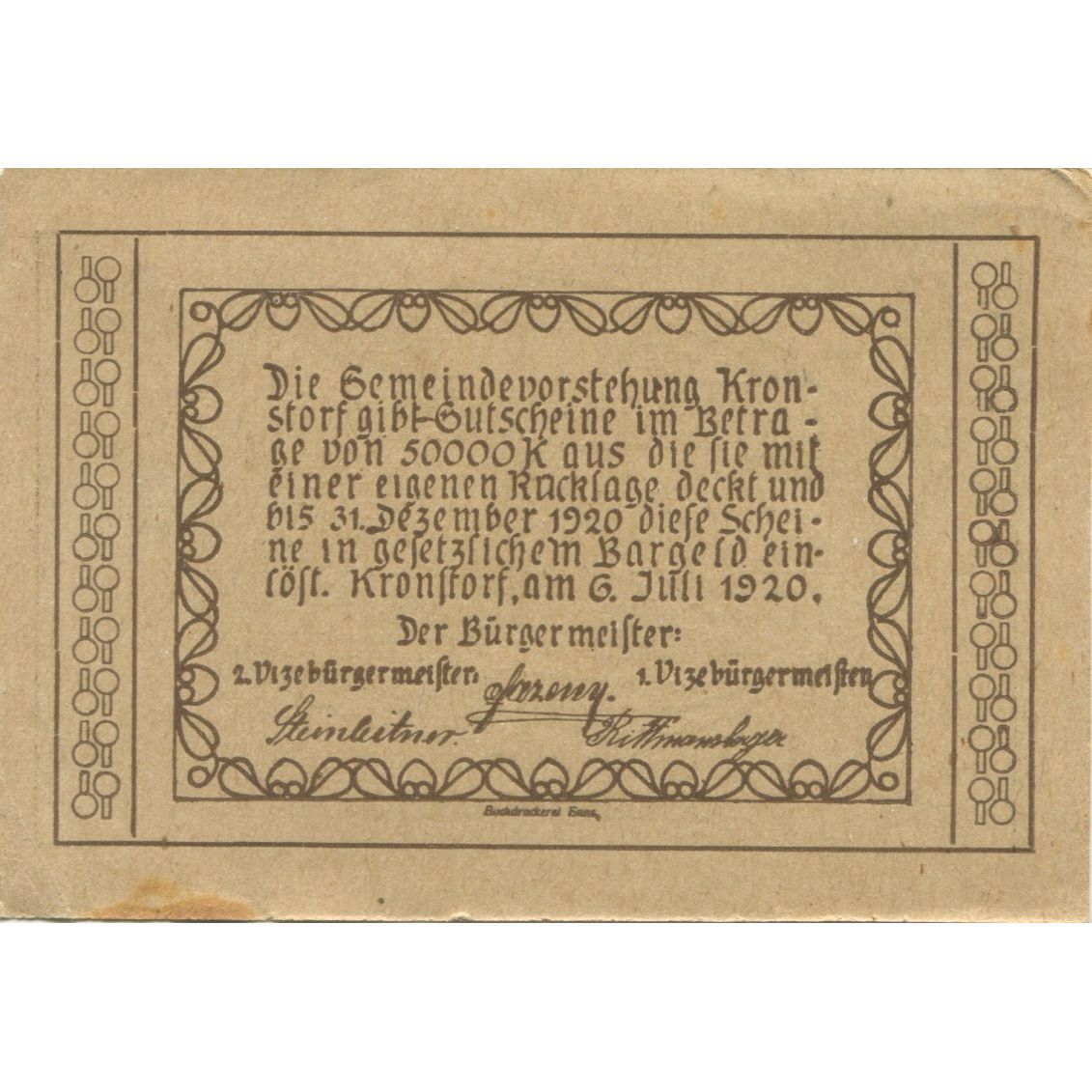 Banknote, Austria, Kronstorf, 50 Heller, village, 1920 EF(40-45) Mehl:FS 486a