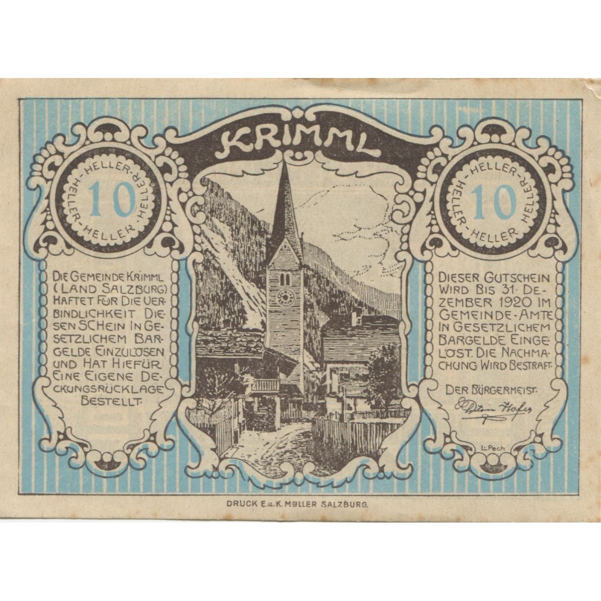 Banconote, Austria, Krimml, 10 Heller, village 1920-12-31, SPL-, Mehl:FS 483a