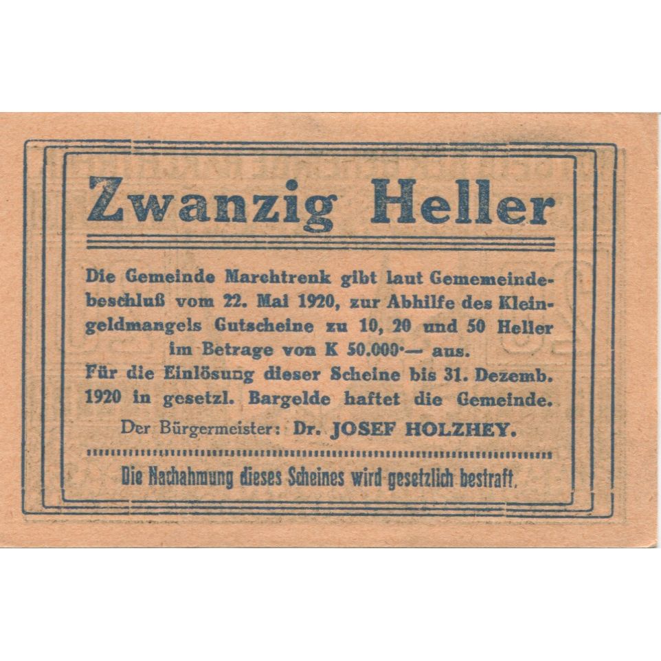 Banknote, Austria, marchtrenk, 20 Heller, rue, 1920, UNC(63) Mehl:FS 581c