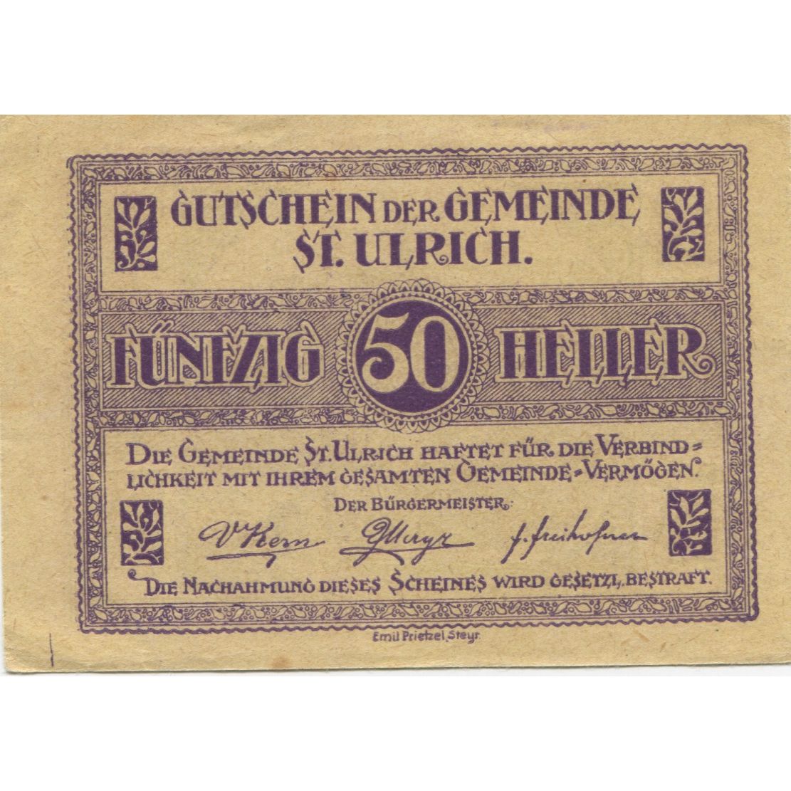 Banconote, Austria, St Ulrich, 50 Heller, village, 1920 SPL- Mehl:FS 940