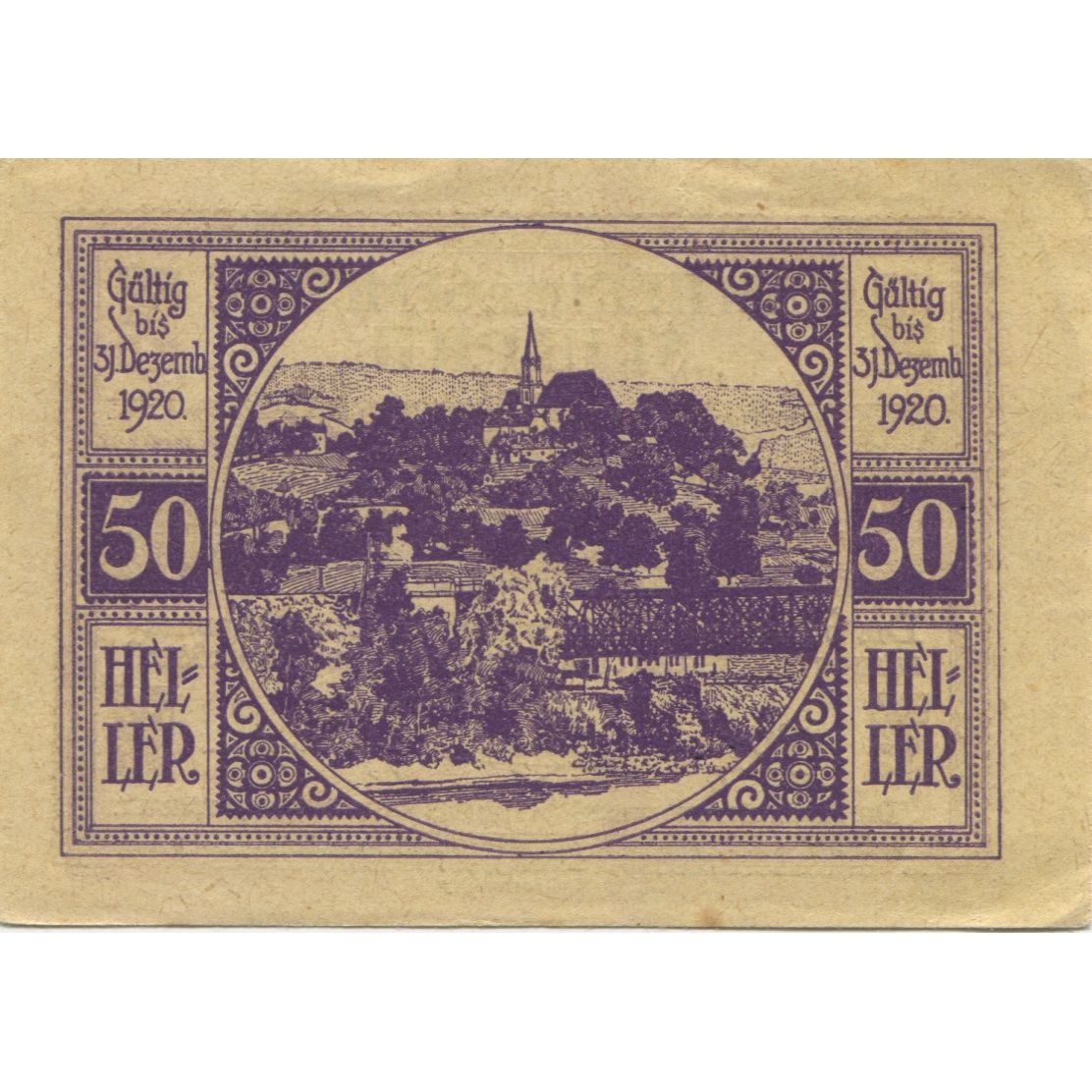 Banconote, Austria, St Ulrich, 50 Heller, village, 1920 SPL- Mehl:FS 940