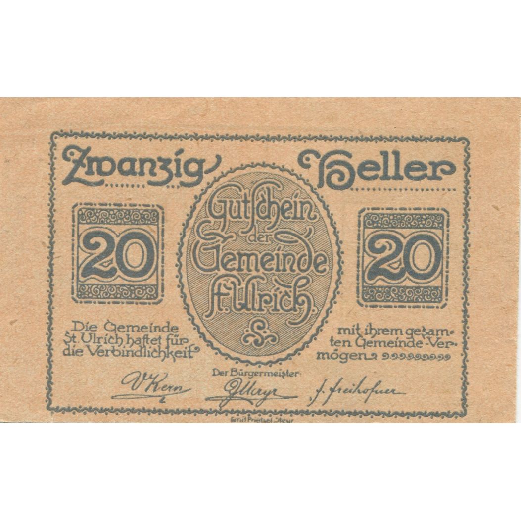 Banknote, Austria, St Ulrich, 20 Heller, Texte, 1920 UNC(63) Mehl:FS 940