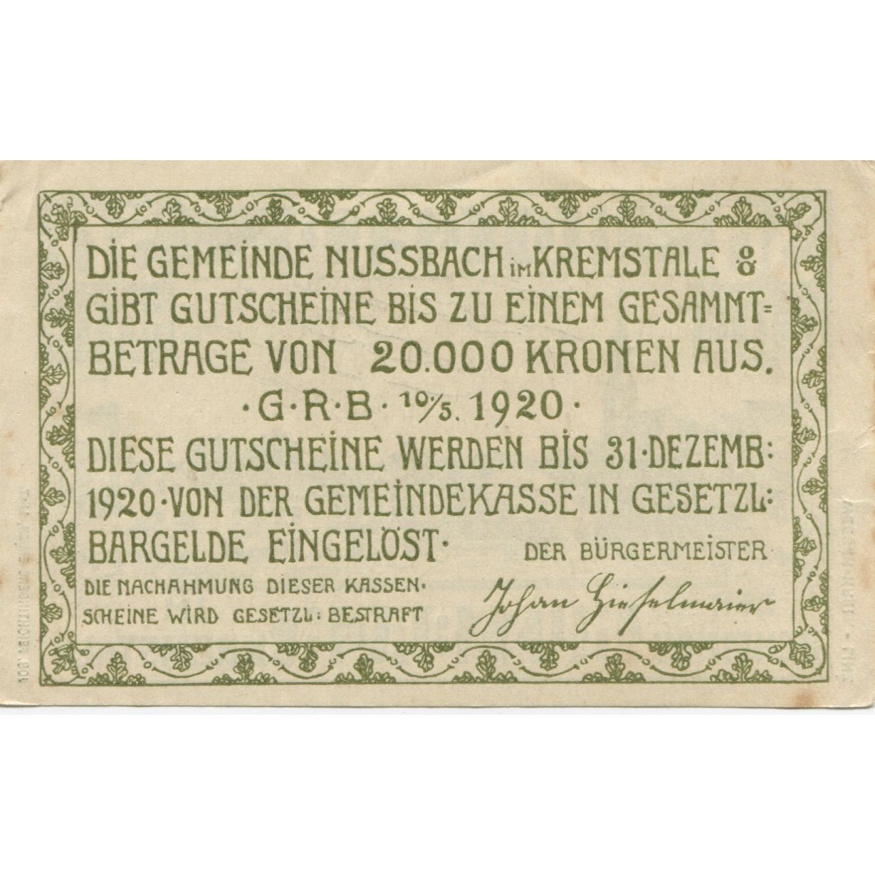 Banknote, Austria, Nussbach, 50 Heller, village, 1920 AU(55-58) Mehl:FS 676