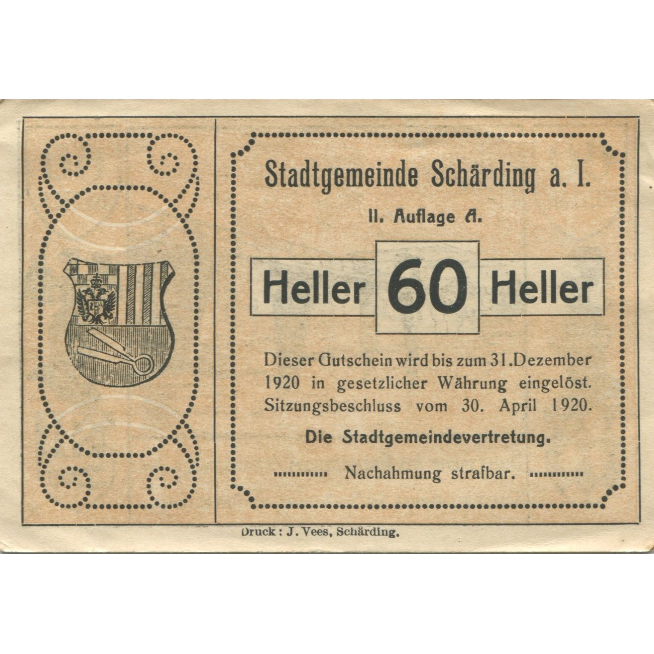 Banknote, Austria, Schärding, 60 Heller, pont, 1920 AU(55-58) Mehl:FS 951IIb