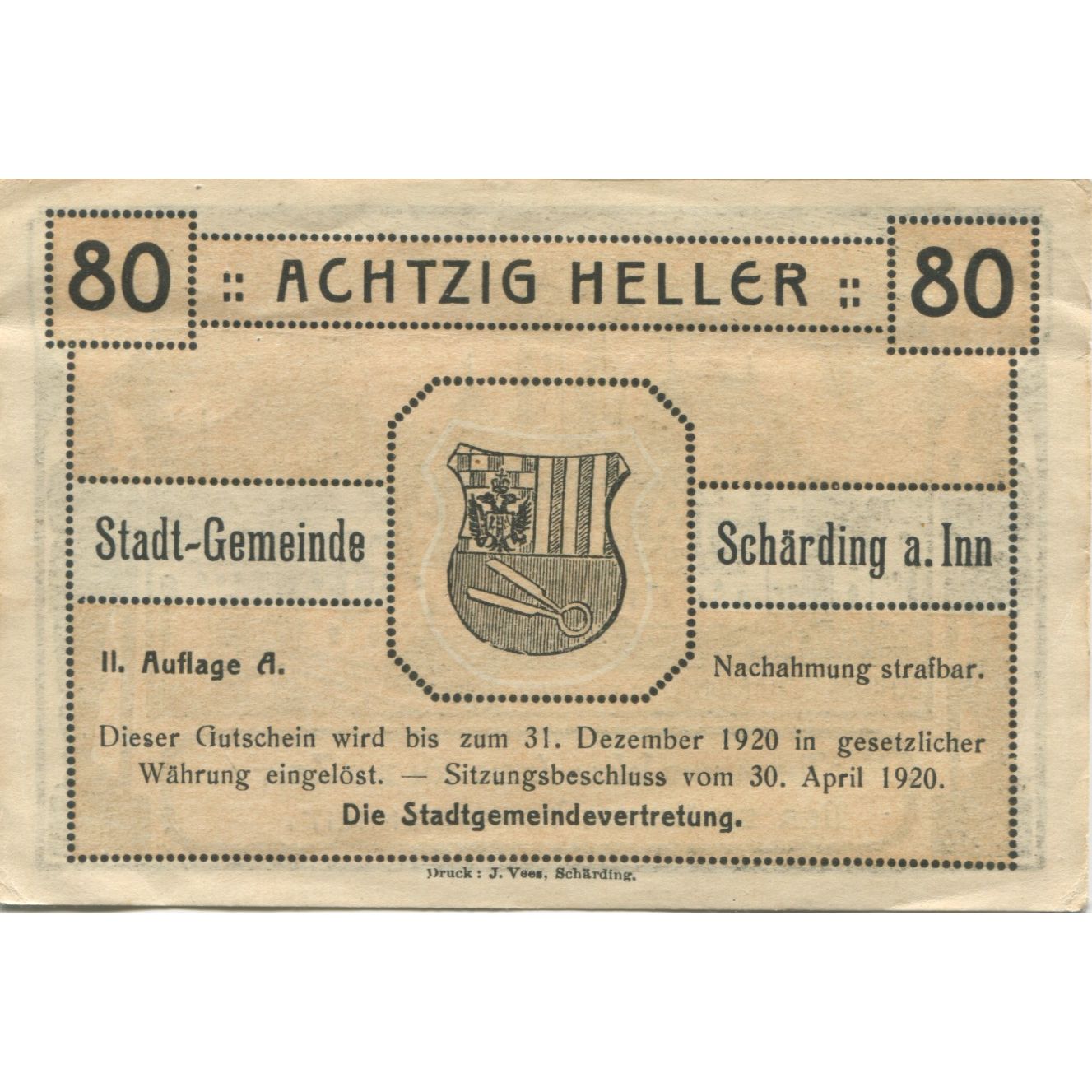 Geldschein, Österreich, Schärding, 80 Heller, château, 1920, VZ Mehl:FS 951IIb