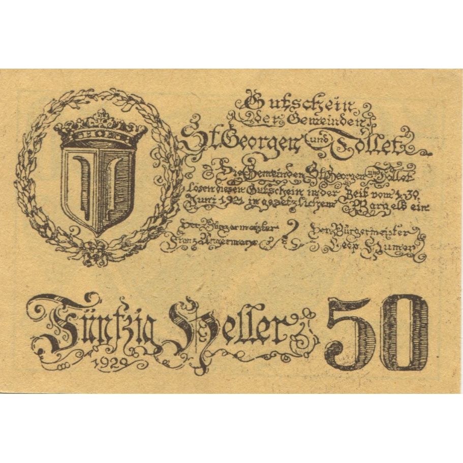 Banknote, Austria, St Georgen, 50 Heller, portrait, 1921 UNC(63) Mehl:FS 890