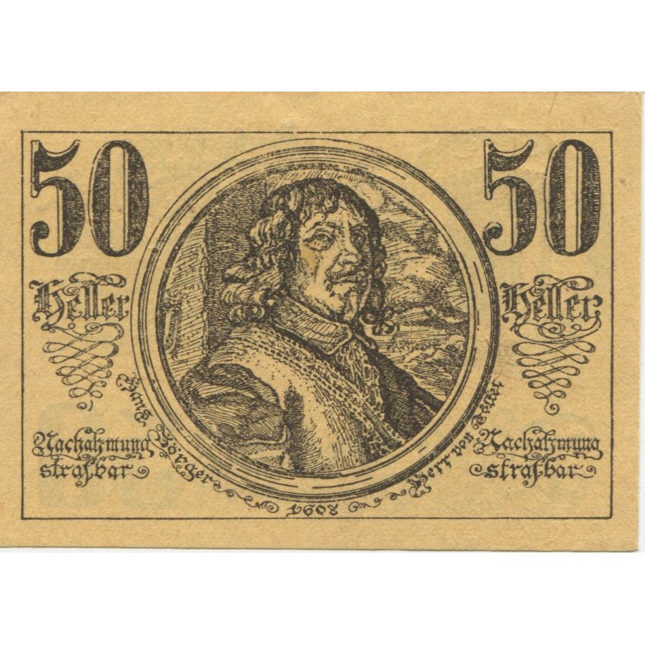 Banknote, Austria, St Georgen, 50 Heller, portrait, 1921 UNC(63) Mehl:FS 890