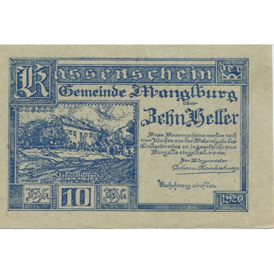 Banknote, Austria, Manglburg, 10 Heller, château, 1920, UNC(63), Mehl:FS 288