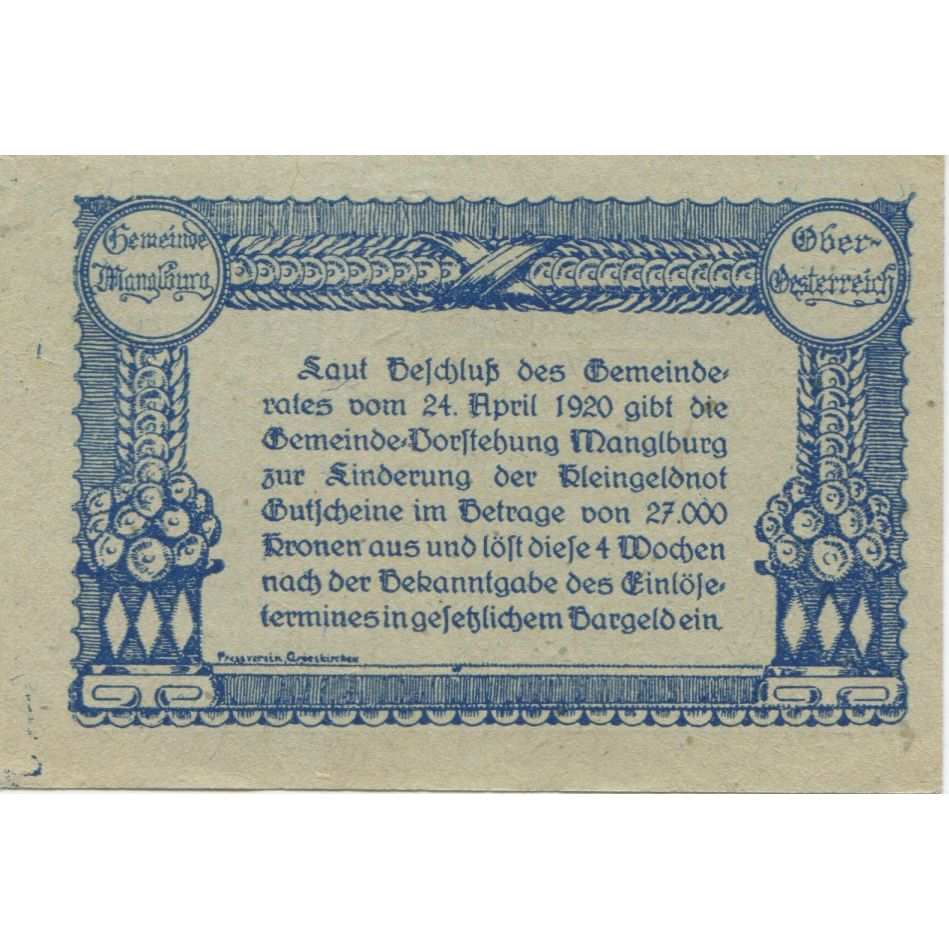 Banknote, Austria, Manglburg, 10 Heller, château, 1920, UNC(63), Mehl:FS 288