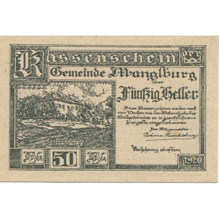 Banknote, Austria, Manglburg, 50 Heller, château, 1920, UNC(63), Mehl:FS 288
