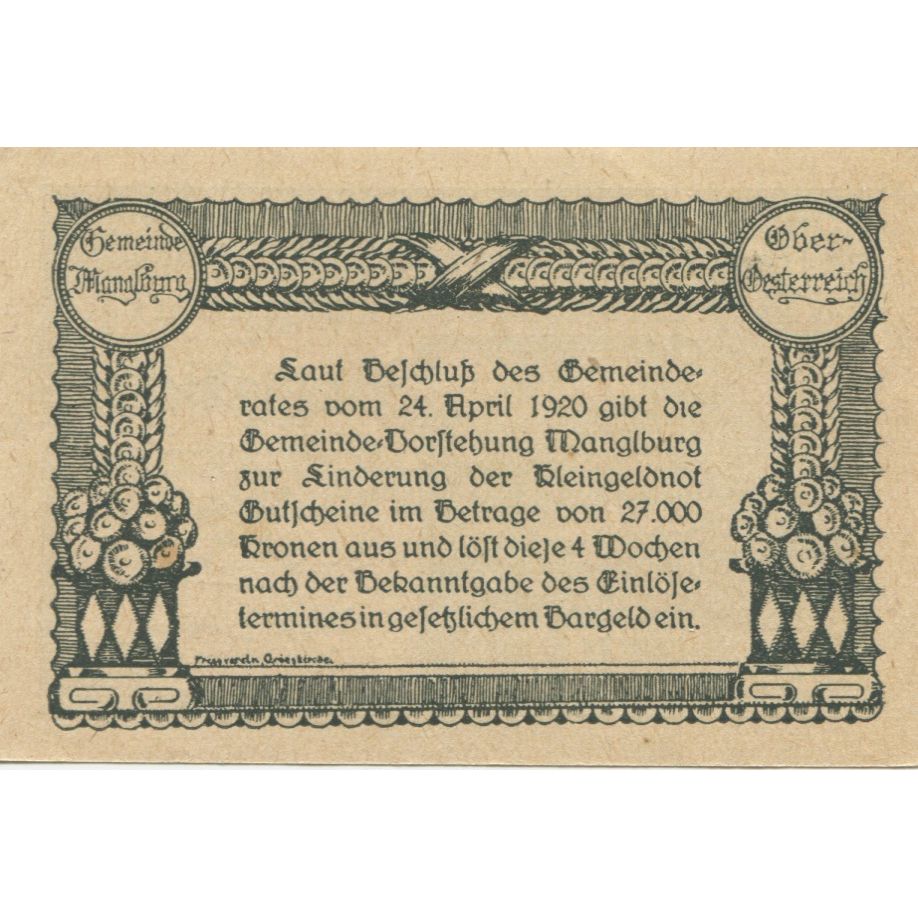 Banknote, Austria, Manglburg, 50 Heller, château, 1920, UNC(63), Mehl:FS 288