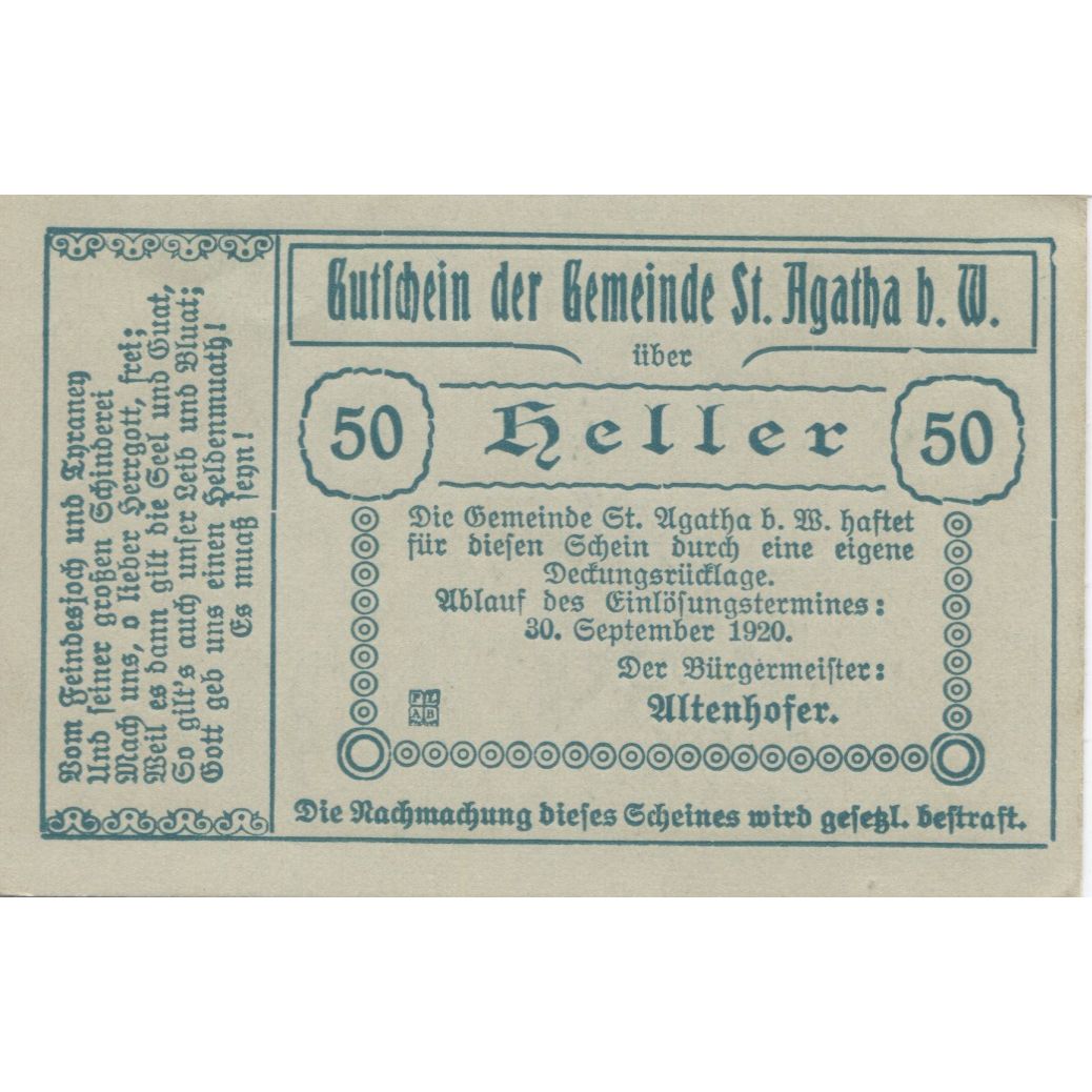 Banknote, Austria, St Agatha, 50 Heller, Eglise, 1920 UNC(63) Mehl:FS 877Ia
