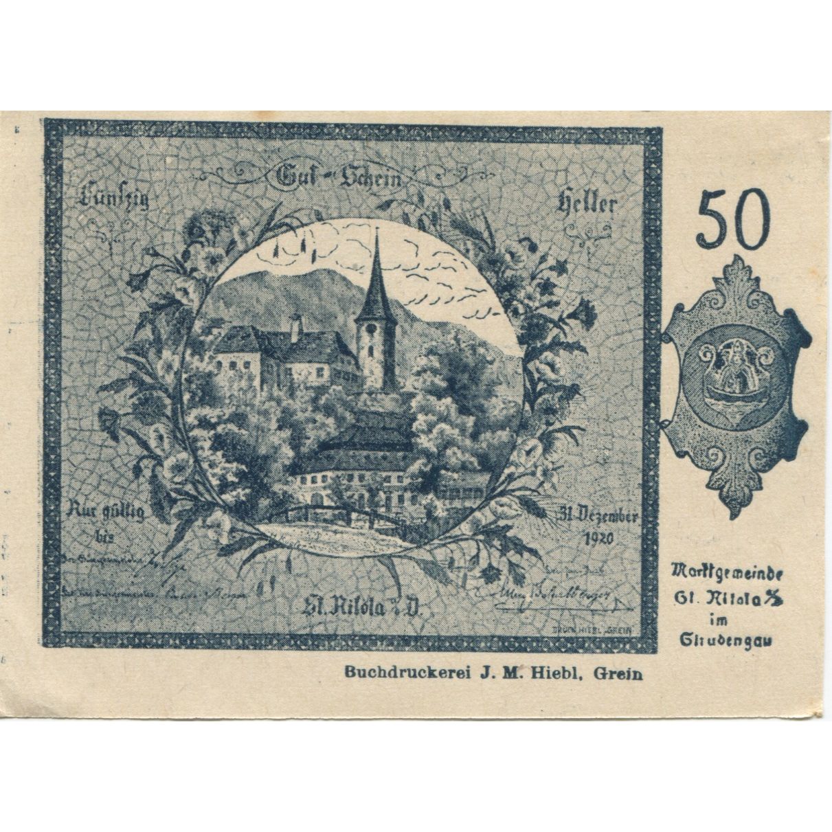 Banknote, Austria, St Nikola, 50 Heller, village, 1920 UNC(63) Mehl:FS 914I