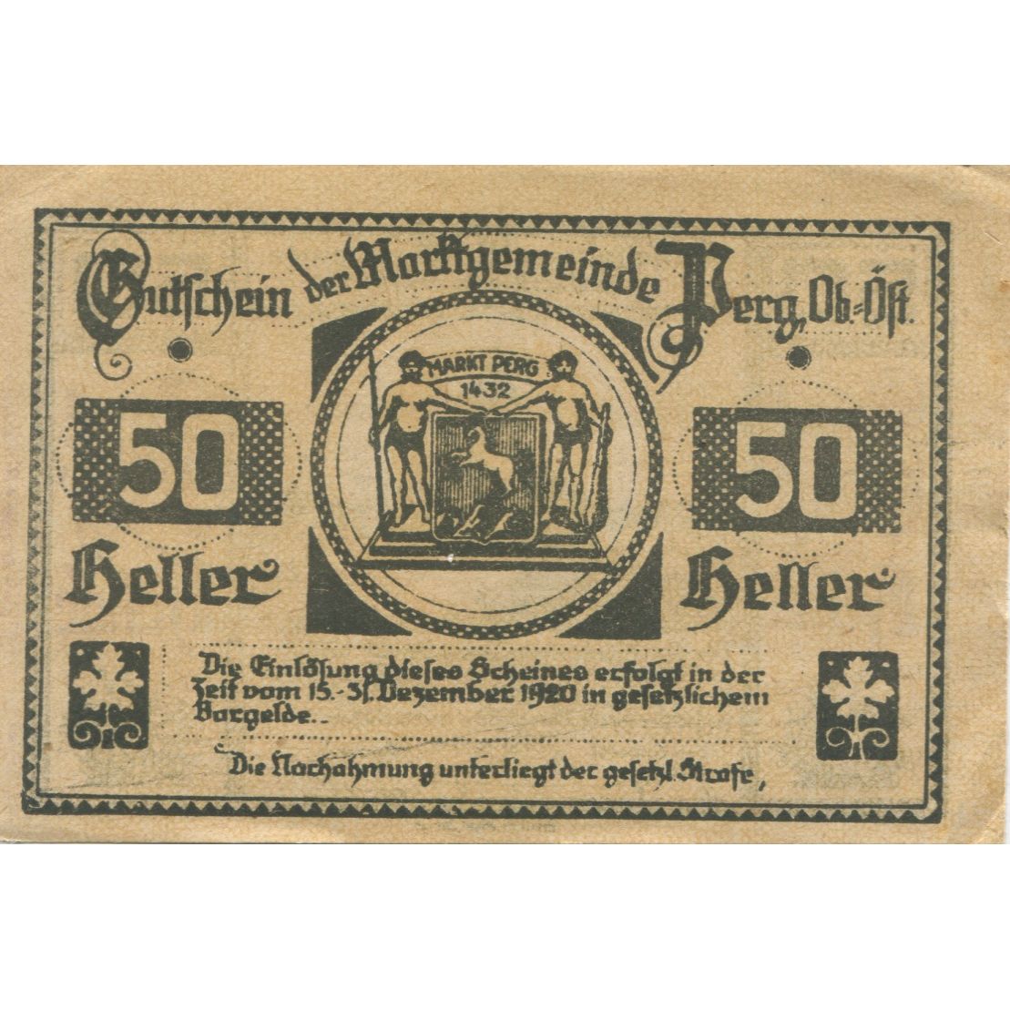 Billet, Autriche, Perg, 50 Heller, Blason, 1920, 1920-12-31, SUP, Mehl:FS 730I